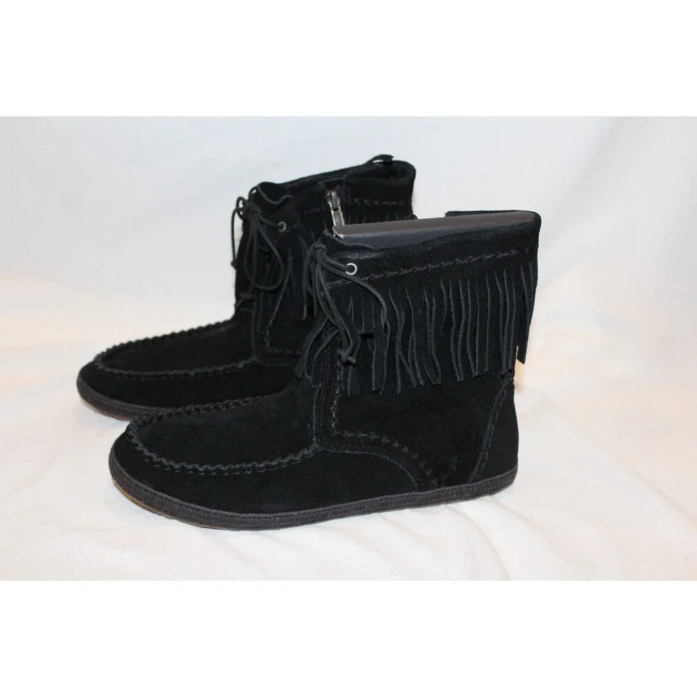Ugg Kyleigh Suede Fringe Moccasin Ankle‎ Boots Youth 6 Women's 7.5-8 BLACK